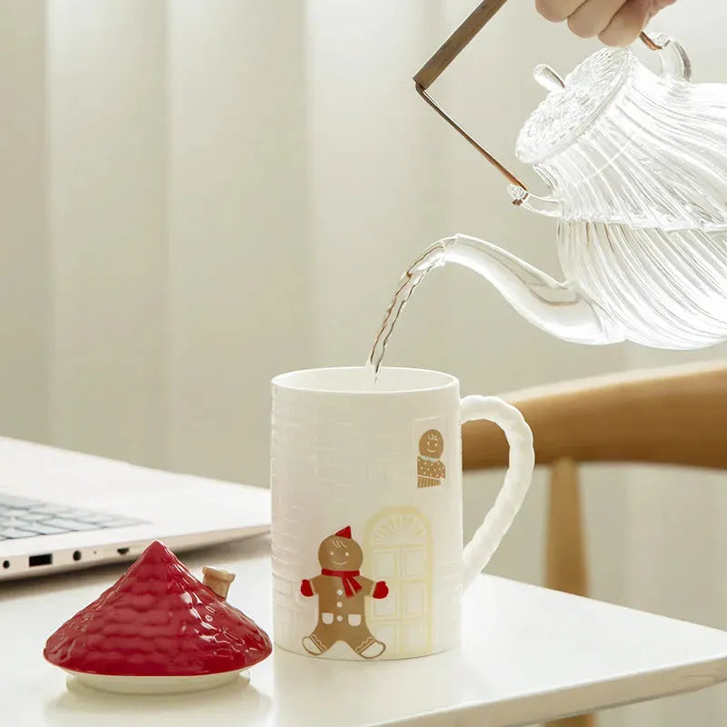 Gingerbread Man Red House Water Cup House Cottage Mug Coffee Cup With Lid - Bellarte Enchanté Gingerbread Man Red House Water Cup House Cottage Mug Coffee Cup With Lid